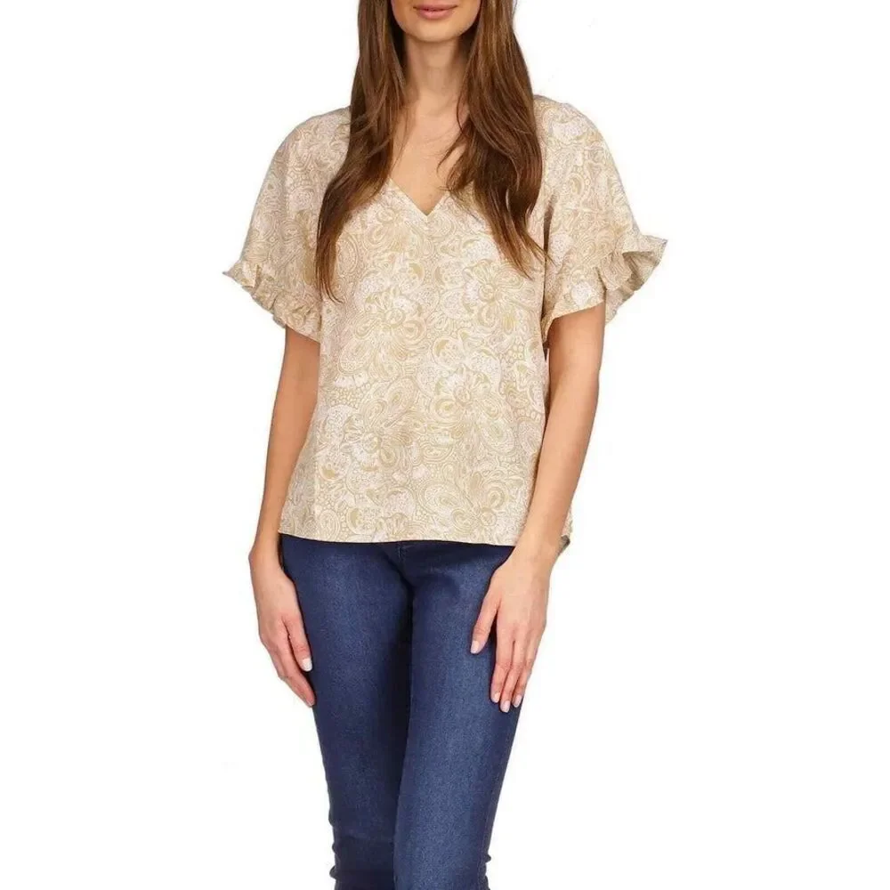 MICHAEL KORS PAISLEY-PRINT RUFFLED-SLEEVE TOP in Khaki, XS $98 MSRP